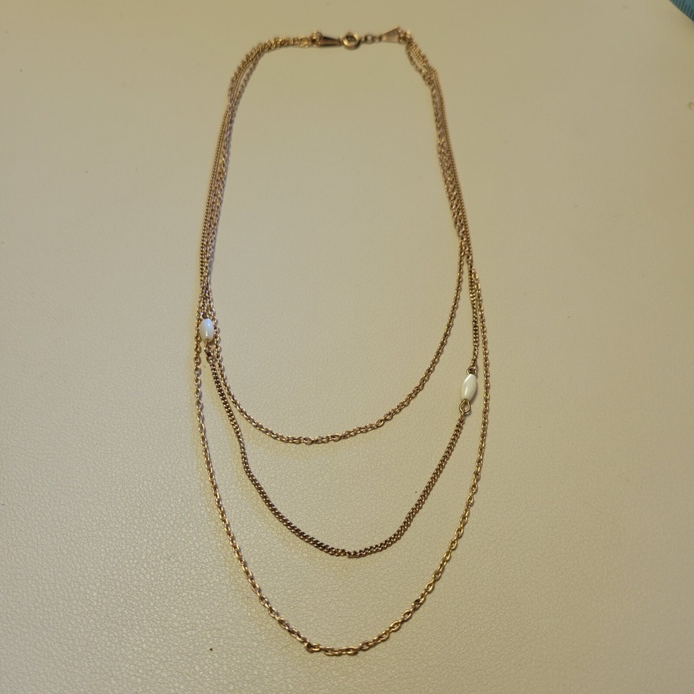 Vintage AVON Gold Tone Triple Strand Chain Necklace Mother of Pearl 15" To 19"